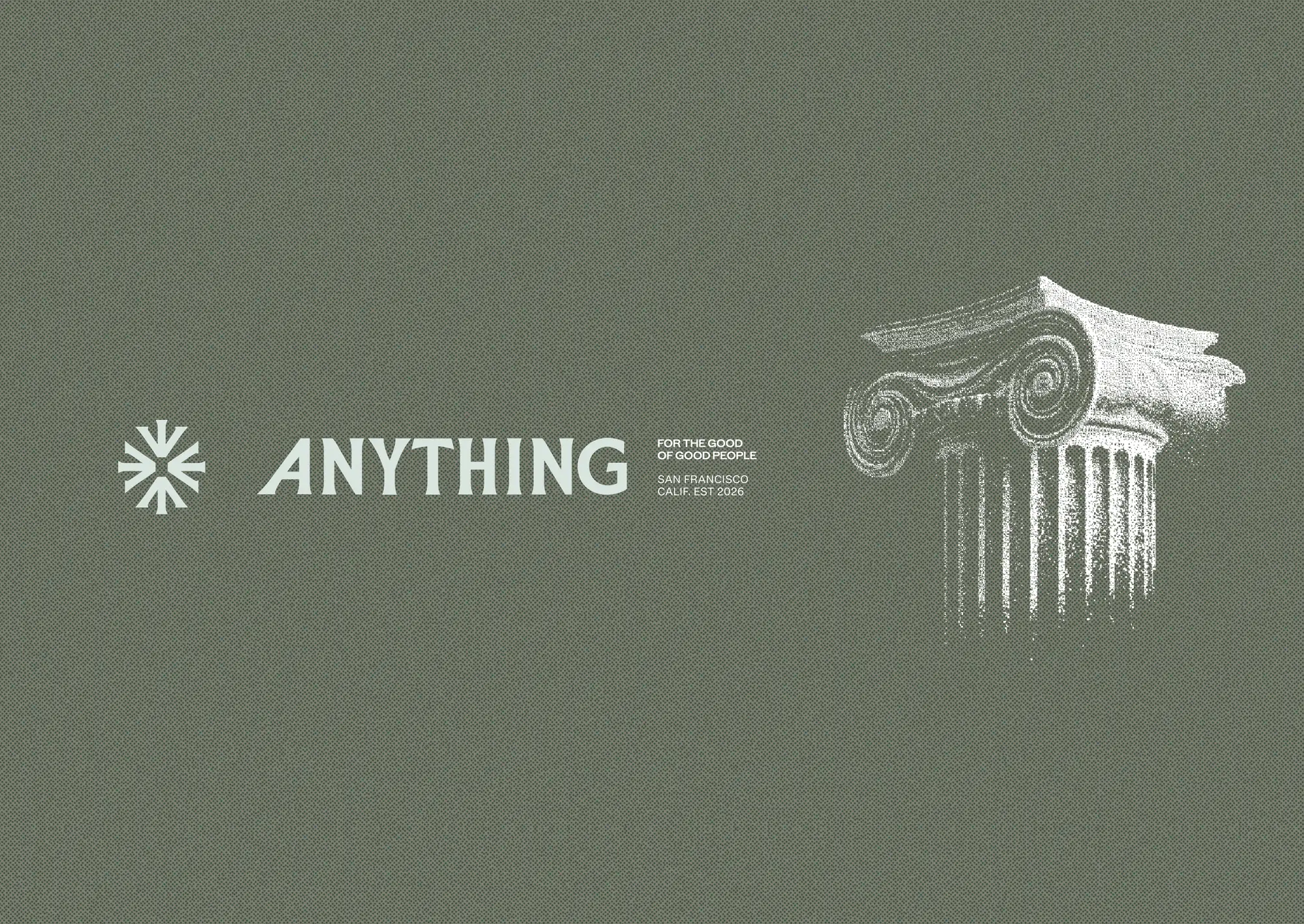 Anything logo beside a stippled Ionic column: For the good of good people.