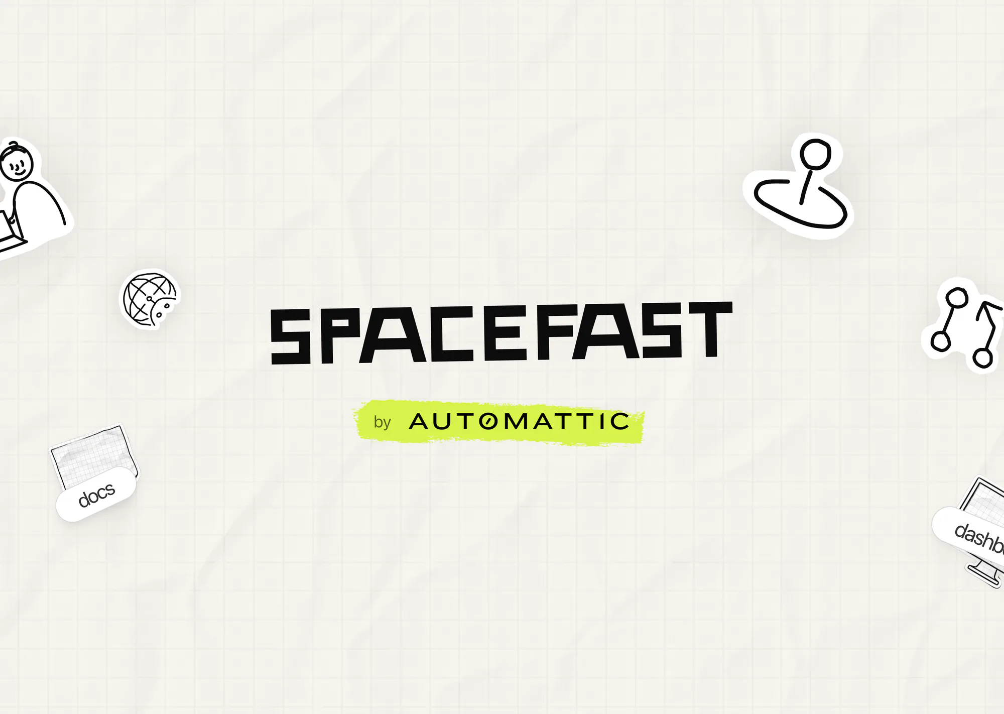 Spacefast logo, by Automattic, on crumpled grid paper among hand-drawn stickers.